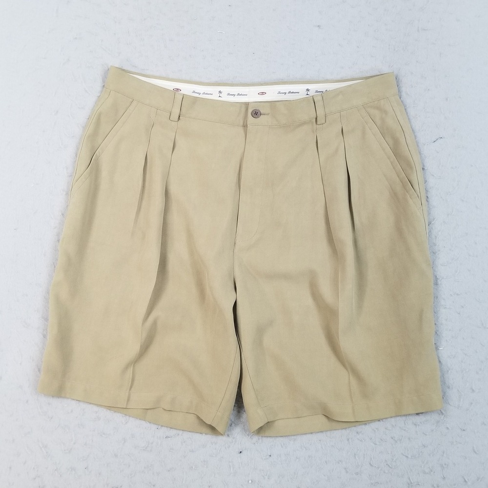 Tommy Bahama Shorts Mens 40 Tan Relax 100% Silk Pleated Herringbone Tropical
